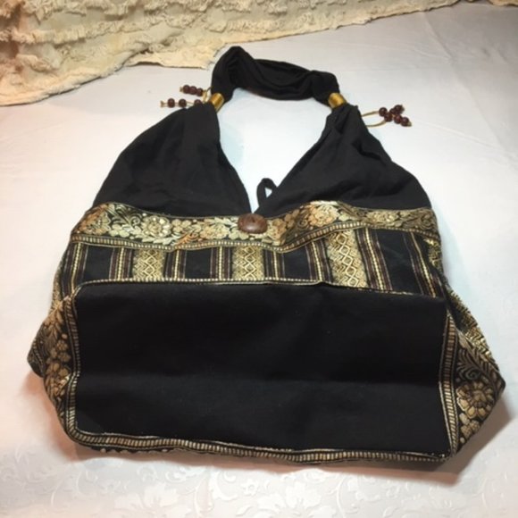 HOBO Hippie Bag 100% Cotton Metallic Handmade Elephant Emblem Black Gold - Picture 7 of 10